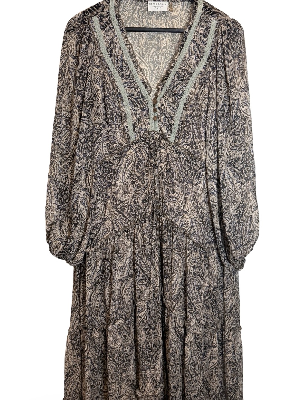 Dress Forum Black and Cream Paisley Tiered Midi Dress with Light Blue Trim
